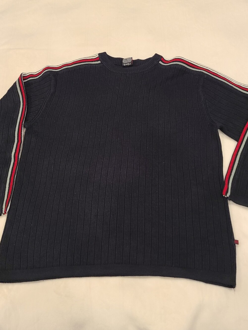 R2 Navy Ribbed Crewneck Sweater with Red & White Shoulder Stripes
